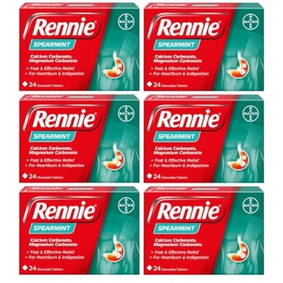 Image of Rennie Spearmint Antacids, Heartburn Relief and Indigestion Tablets, Fast Effective for Acid Reflux 144 Tablets (6 Pack of 24 Tables)