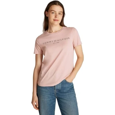 Image of Tommy Hilfiger LOGO Print Tshirt, Women&#039;s, Size: XS, Foggy pink