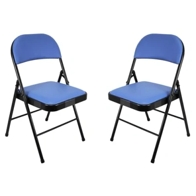 Image of Folding Faux Leather Chair Padded Event Seats Metal Frame Foldable chair, Easy Storage Comfortable Seat for Home, Dining &amp; Office Computer Desk Chairs (2, Blue)