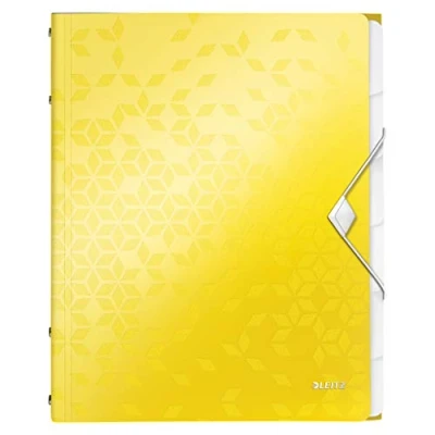 Image of Leitz A4 Divider Book, Holds Up to 200 Sheets, Integrated Index with 6 Compartments, Elastic Closure, Yellow, WOW Range, 46330016