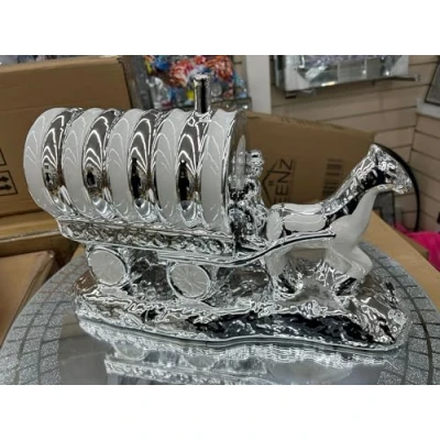 Image of Biznest Horse With Round Wagon Gypsy Crushed Diamond Carriage Ornament Shelf Sitter Caravan Home Decor (White &amp; Silver)
