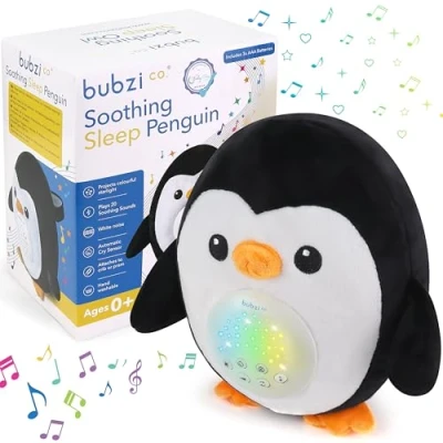 Image of Bubzi Co Baby Sound Machine, Portable Penguin Soother &amp; Night Light Projector, Comforting Electronic Infant Toddler Sleep Aid Shush with White Noise