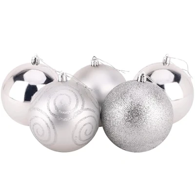Image of Christmas Concepts® Pack of 5 100mm (4&quot;) Large Baubles Shiny, Matte &amp; Glitter Design Decorations (Silver)
