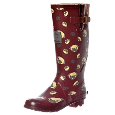 Image of Onlineshoe Women’s Funky Flat Wellie Wellington Festival Rain Boots Assorted Colours 4 Pug