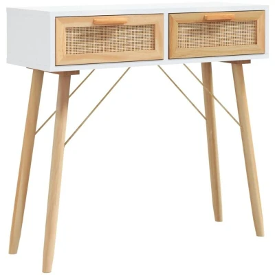 Image of vidaXL Console Table White 80x30x75 cm Solid Wood Pine&amp;Natural Rattan