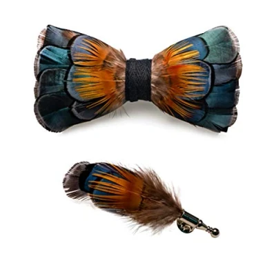 Image of JEMYGINS Blue Feather Bow tie Leather and Brooch Sets for Men(2)