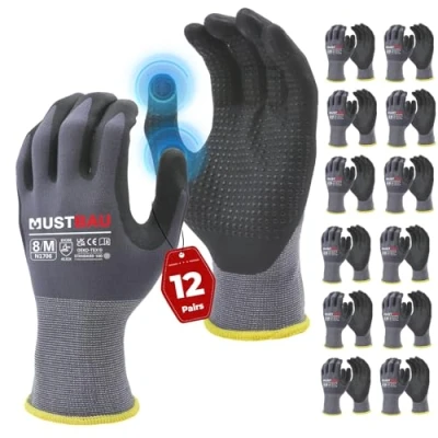 Image of Mustbau 12 Pairs Safety Work Gloves Breathable Nitrile Coated Gloves,Knit Nylon Protective Gloves,Abrasion,Dexterity, Touch Screen, for Most Kinds of Jobs M