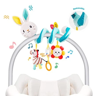 Image of Koty Spiral Pram Toys for Babies, Pushchair Stroller Car Seat Cot Crib Baby Boys Girls 0 3 6 9 12 Months, Plush Activity Rattle Hanging Toy Sensory Gift Newborn Infant (Rabbit)