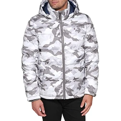 Image of Tommy Hilfiger Men&#039;s Down Alternative Hooded Puffer Jacket (Standard and Big &amp; Tall) Coat, Camouflage White, M