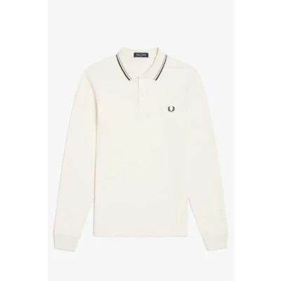 Image of Fred Perry Mens Long Sleeved Twin Tipped Polo Shirt M3636 100% Cotton in Ecru with Limestone and Black Size XXL