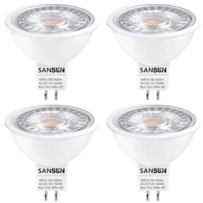 Image of SANSUN MR16 GU5.3 LED Light Bulbs 50W Equivalent Halogen Bulbs, Warm White 3000K 12V 5W Spotlight Light, Non Dimmable, Pack of 4
