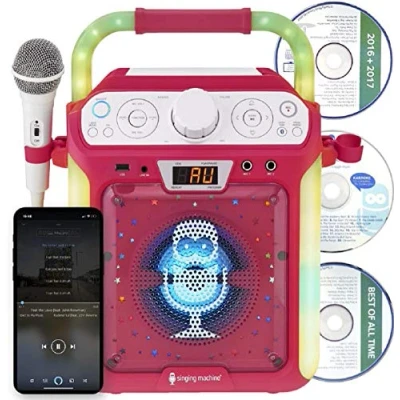 Image of Singing Machine SML682BTP Bluetooth and CD Karaoke with LED Lights Microphone Pink