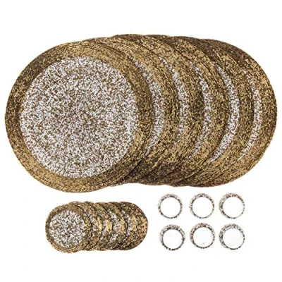 Image of Penguin Home Handcrafted Glass Beaded Round Placemats, Coasters &amp; Napkin Rings Set of 18 Handmade Table Place Mats for Dining 32 cm (13&quot;) Diameter (Gold and White)