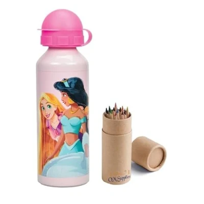 Image of OM SUPPLIES Princess Characters Aluminium Sports Bottle 520ml Holiday, Back to School Water Drinking Kids Lunch Children Includes Half Size 12pcs (Princess)
