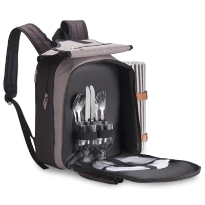 Image of VonShef Picnic Backpack, 2 Person Grey Bag with Full Dining &amp; Cutlery Set, Insulated Cooler Compartment Large Waterproof Blanket, Lightweight Water Resistant Camping Accessories