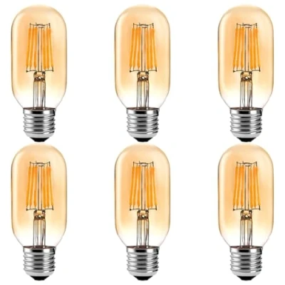 Image of ZFQ E27 T45 LED Edison Bulb 6W, Filament Warm White 2700K 60W Incandescent Replacement Screw Vintage Decorative Light Amber Glass Tubular Bulb, 6 Pack, Non Dimmable