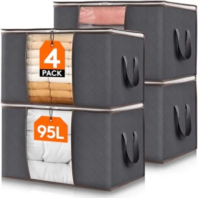 Image of Lifewit 90L Clothes Storage Bags Large Box With Lid Packing Boxes for Moving House Reinforced Handle Thick Fabric Clear Window Duvet Blankets Bedding, 4 Pack, Grey