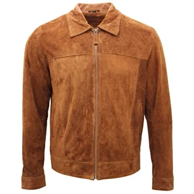 Image of Men&#039;s New Classic Tan 100% Genuine Goat Suede Leather Harrington Shirt Jacket L