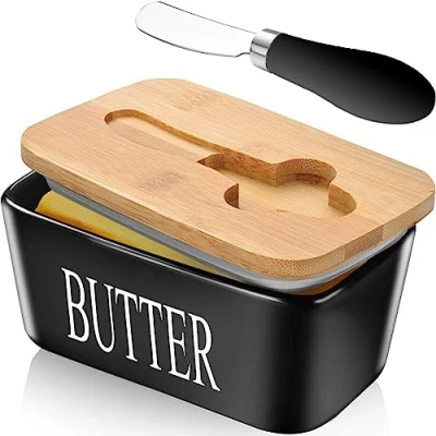 Image of Ceramic Butter Dish with Lid and Knife Porcelain Container Cutter Easy Spread Kitchen Accessories Tableware (Black)