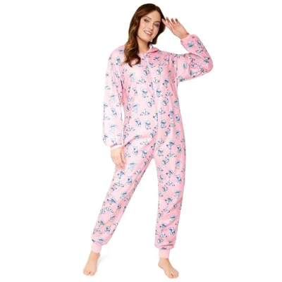 Image of Disney Stitch Fleece Onesie for Women Teenagers Hooded Zip Up Warm Lounge Wear Women&#039;s Nightwear Gifts (Pink Stitch, XL)
