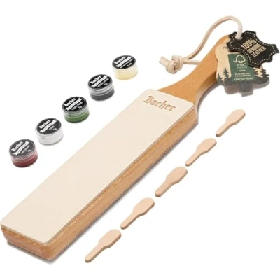 Image of BACHER Premium Leather Strop with Polishing Compound Set, 2 Sided Knife Stropping Block for Sharpening and Honing Knives, Woodcarving Chisels Tools