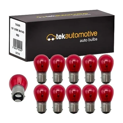 Image of Tek Automotive 380 Bulb Red Brake Light Bulbs, 380R Car Bulbs 12V 21/5W BAY15D, Stop and Tail Box of 10