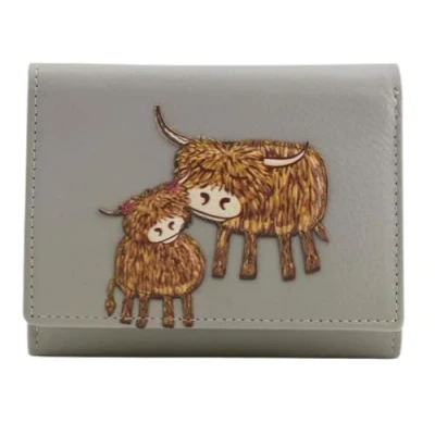 Image of Mala Leather Soft Highland Cow Mother &amp; Daughter Ladies Small Trifold RFID Purse (Grey)