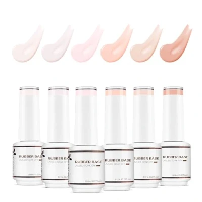 Image of Nicedeco 4 In 1 Rubber Base Gel Set For Nails, Hema Free Nude Rose Pink Sheer Color Nail Polish UV LED Soak Off, Elastic Strengthen Enhance Coat 6pcs x 8ml Kit35