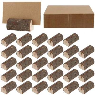 Image of YUENPUN 30 PCS Rustic Wood Place Card Holders, Wooden Bark Name Holder, Table Number Holders with 45 Paper Cards, Holder Stand for Memo Note Photo