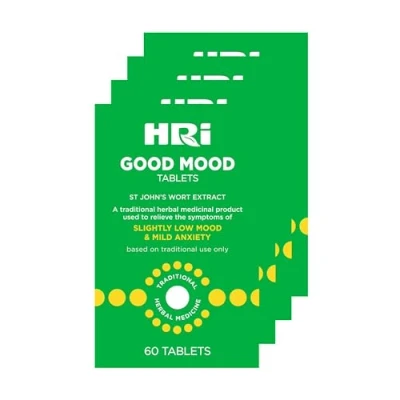 Image of HRI Good Mood 60 Tablets to Relieve The Symptoms of Slightly Low and Mild Anxiety 334 mg St John&#039;s Wort Extract, Equivalent 1670mg 2338mg John’s Wort. 4 Pack