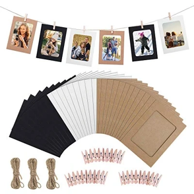Image of HONGXIN SHOP Paper Photo Frame 30 Pcs DIY Creative Retro Kraft Picture Mats Hanging Album with Mini Clips and Hemp Ropes for Home Dorm Office 6 inch 3 Colors