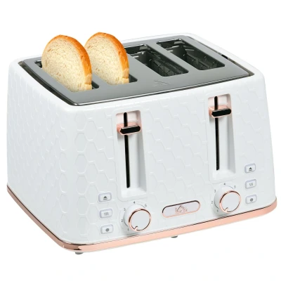 Image of HOMCOM 4 Slice Toaster with 7 Browning Levels, High Lift, Reheat/Defrost/Cancel, Self centring Function, Removable Crumb Tray, Auto Off, 1600W, Cream White Honeycomb Texture