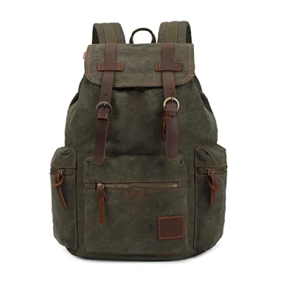 Image of Unisex Casual Leather Backpack Canvas Rucksack Bookbag Satchel Hiking Backpack,Coffee