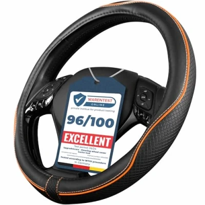 Image of Upgrade4cars Steering Wheel Cover Orange Black Leather Look Universal Fit 14,5 15 Inch Car Accessories Interior