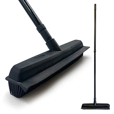 Image of Rubber Broom Indoor with Telescopic Metal Handle, Silicone Brush for Pet Hair Removal, Soft 32cm Carpet Cleaning Hairs and Dust