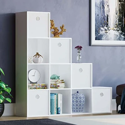Image of Vida Designs Durham Staircase Bookcase Shelves Storage Organiser Living Room Furniture (10 Cube &amp; 5 White Baskets, White)