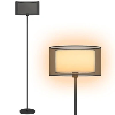 Image of HOMCOM Floor Lamp for Living Room, Modern Standing with Double Layer Shade &amp; Foot Switch, Minimalist Tall Pole Lampshade Bedroom, Office, Black