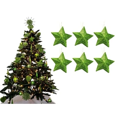 Image of Pack of 6 8cm 3D Glitter Star Baubles Christmas Tree Decorations (Lime)