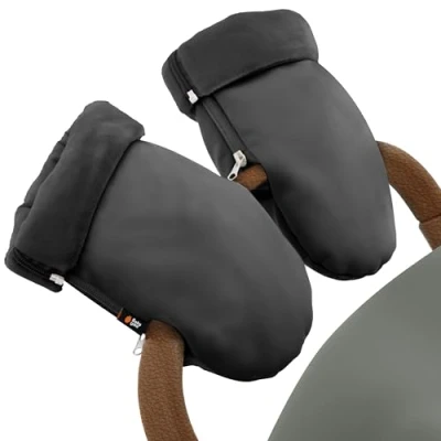 Image of Baby Uma Pram Hand Muff Soft Fleece Lined Faux Leather Warmers Gloves, Wind &amp; Water Resistant Gloves for Stroller, Zip On Mittens, Universal Handmuffs