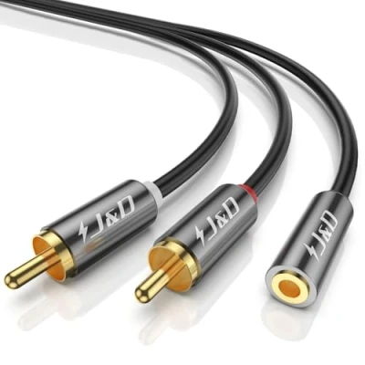 Image of J&amp;D RCA to Aux Adapeter 3.5mm Female Cable, Cable Gold Plated Copper Shell Heavy Duty 2 Male Stereo Audio Adapter 4 Feet