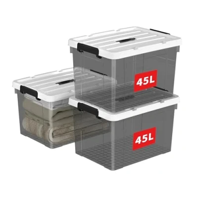 Image of Cetomo 45L*3 Storage Boxes, Carry Plastic Box with Lids, Organizing Container Handle and Secure Latching Buckles, Stackable, Nestable, Tote Bin for Home Clothes, 45L 3Pack, Clear Black