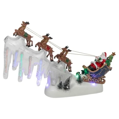 Image of URBNLIVING Illuminated Santa &amp; Reindeer RGB LED Christmas Sleigh Battery Powered Decoration for Mantels and Tree Compact Holiday Decor Xmas Lights