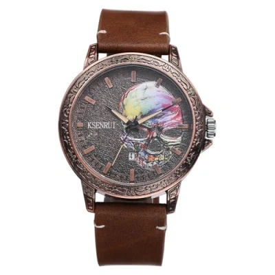 Image of JewelryWe Punk Skull Leather Watches: Cool Round Analog Quartz Calendar Watch Mens Gothic Wristwatch for Halloween