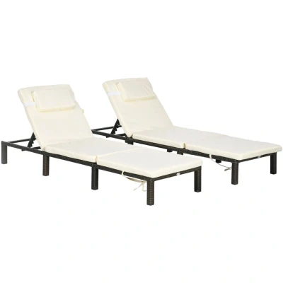 Image of Outsunny Set of 2 PE Rattan Sun Lounger with Soft Padded Cushion, Patio 5 level Reclining Headrest, Cream White