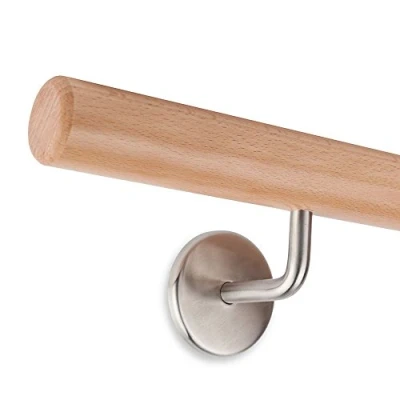 Image of Round handrail Set 45 mm Varnished Beech Wood incl. 2 Stainless Steel Brackets (120 cm + Brackets)