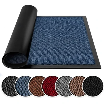 Image of BLADO Washable Door Mats Indoor &amp; Outdoor Non Slippery Heavy Duty Doormats Stylish Large Rubber Mat Perfect Dust Grabbing (Blue, 90cm x 120cm)
