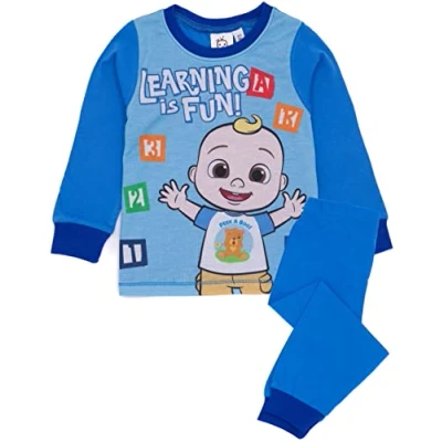 Image of CoComelon Boys Pyjama Set Kids Blue Musical Loungewear T Shirt &amp; Pants PJ Bundle Learning is Fun with JJ Long Sleeve Tee Leg Bottoms Clothing Pajama Nightwear Merchandise Gift for Children