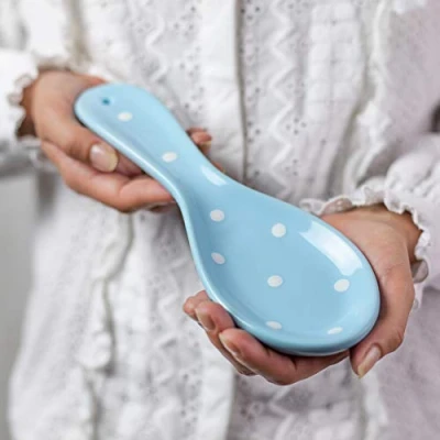 Image of City to Cottage Spoon Rest for Stove Top, Large Ceramic Holder Kitchen Counter, Cooking Utensil Countertop, Handcrafted Sky Baby Blue Polka Dot Ladle, Spatula, Tong