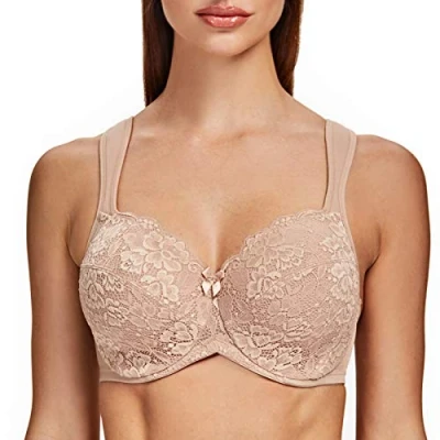 Image of MELENECA Women&#039;s Full Coverage Non Padded Minimizer Underwire Floral lace Bra Beige 38E