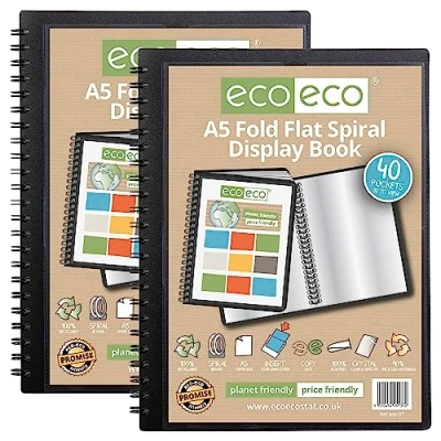 Image of eco A5 50% Recycled 40 Pocket Fold Flat Spiral Bound Display Book, Pack of 2, eco137x2